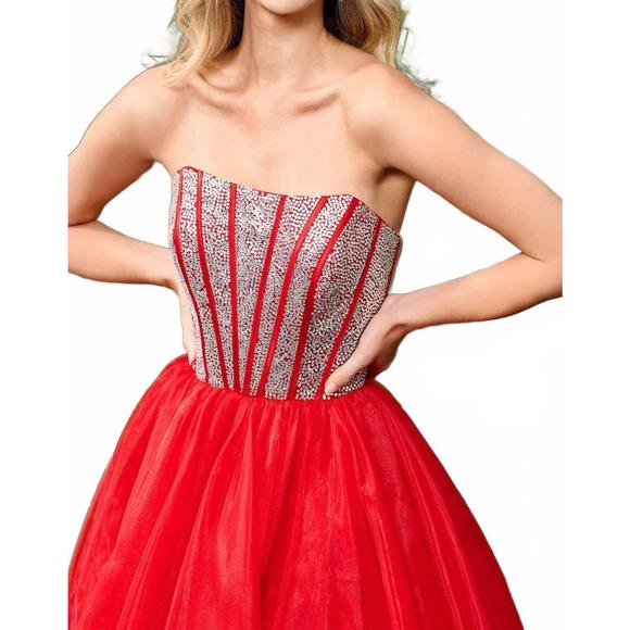 NEW RACHEL ALLAN rhinestone beaded corset ball gown in red - Picture 3 of 3